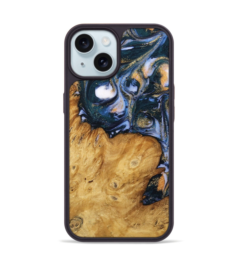 iPhone 15 Wood Phone Case - Katey (Teal & Gold, 739804)