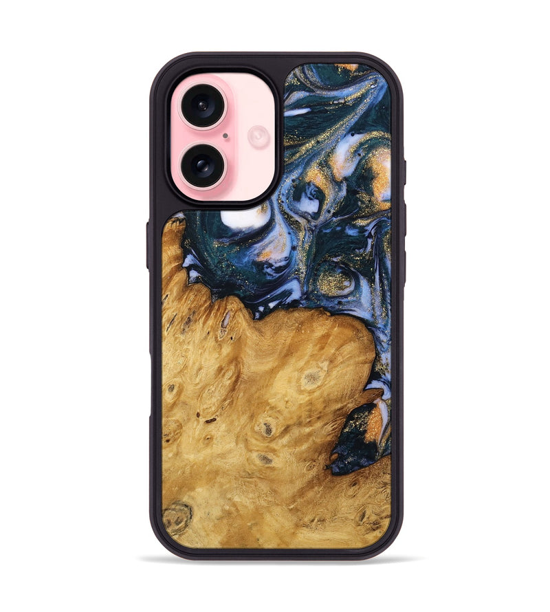 iPhone 16 Wood Phone Case - Katey (Teal & Gold, 739804)