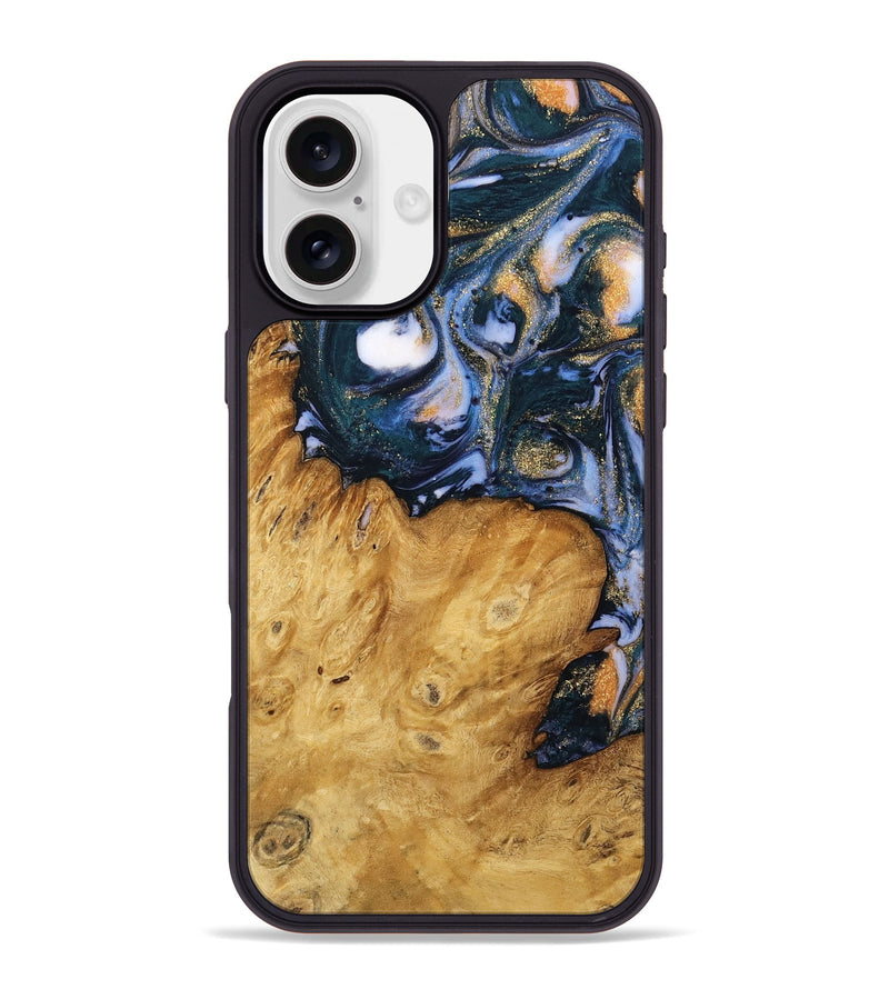 iPhone 16 Plus Wood Phone Case - Katey (Teal & Gold, 739804)