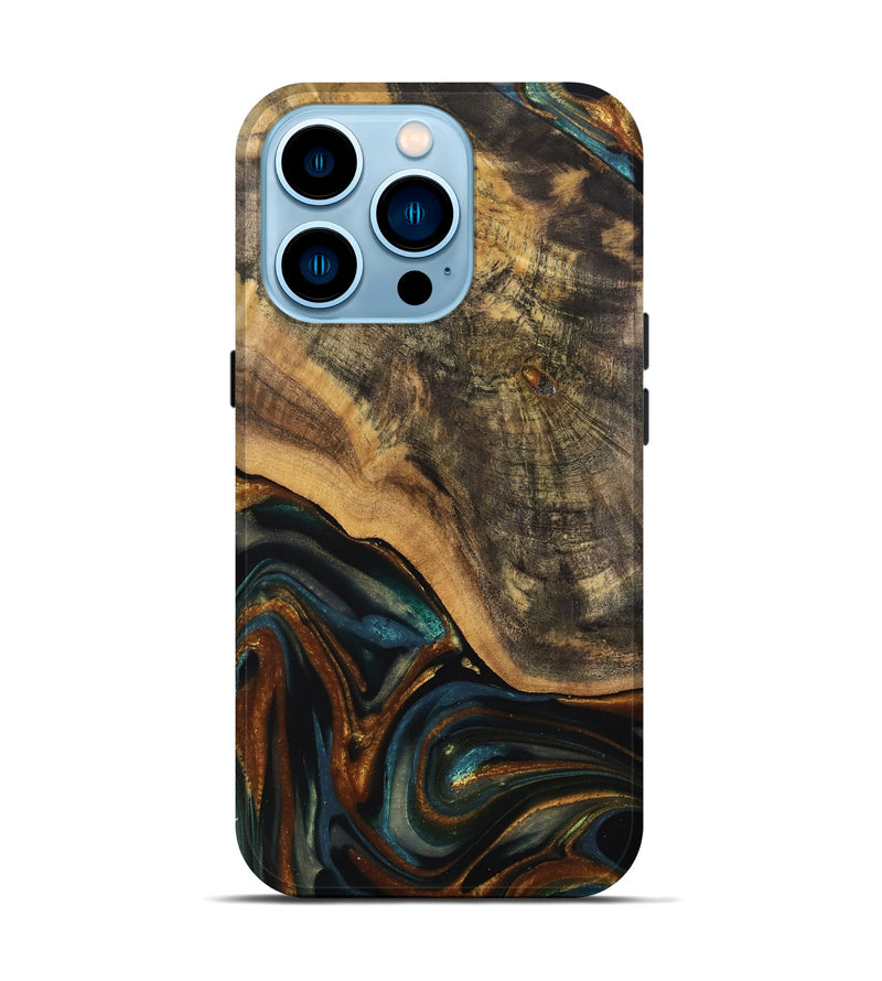 iPhone 14 Pro Wood Live Edge Phone Case - Greyson (Teal & Gold, 740100)