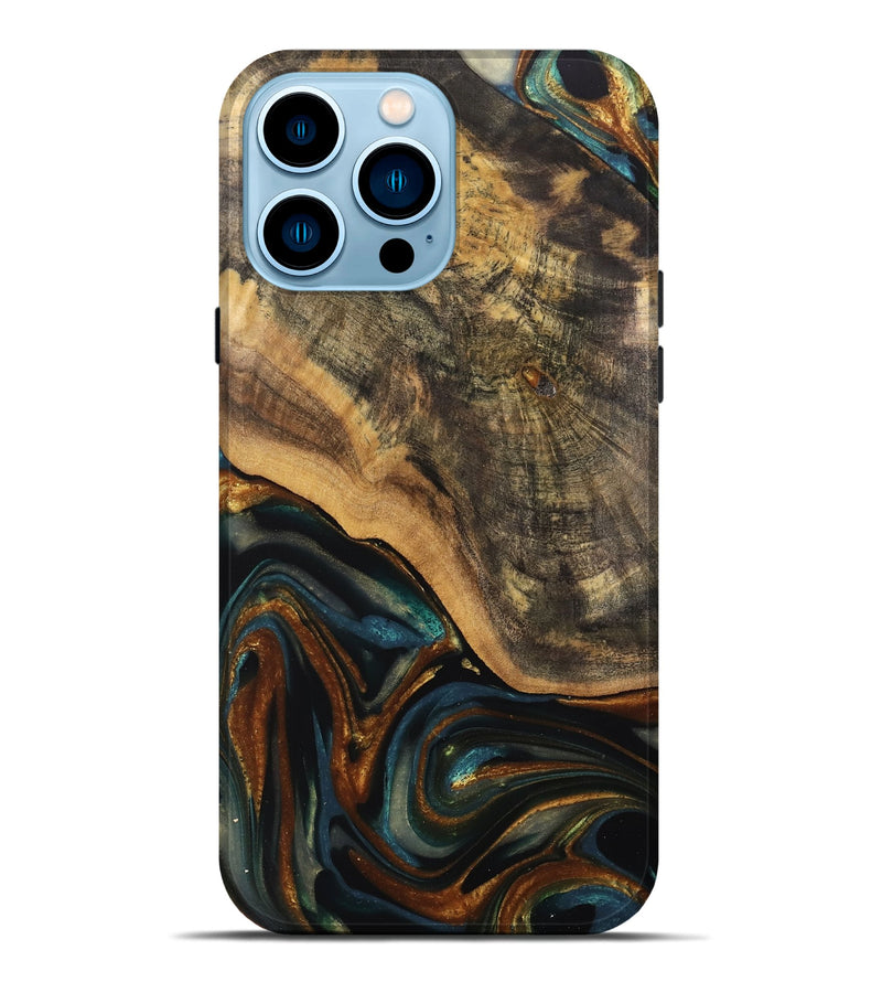 iPhone 14 Pro Max Wood Live Edge Phone Case - Greyson (Teal & Gold, 740100)