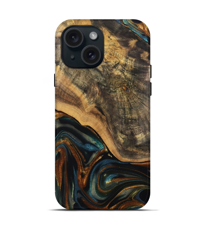 iPhone 15 Wood Live Edge Phone Case - Greyson (Teal & Gold, 740100)