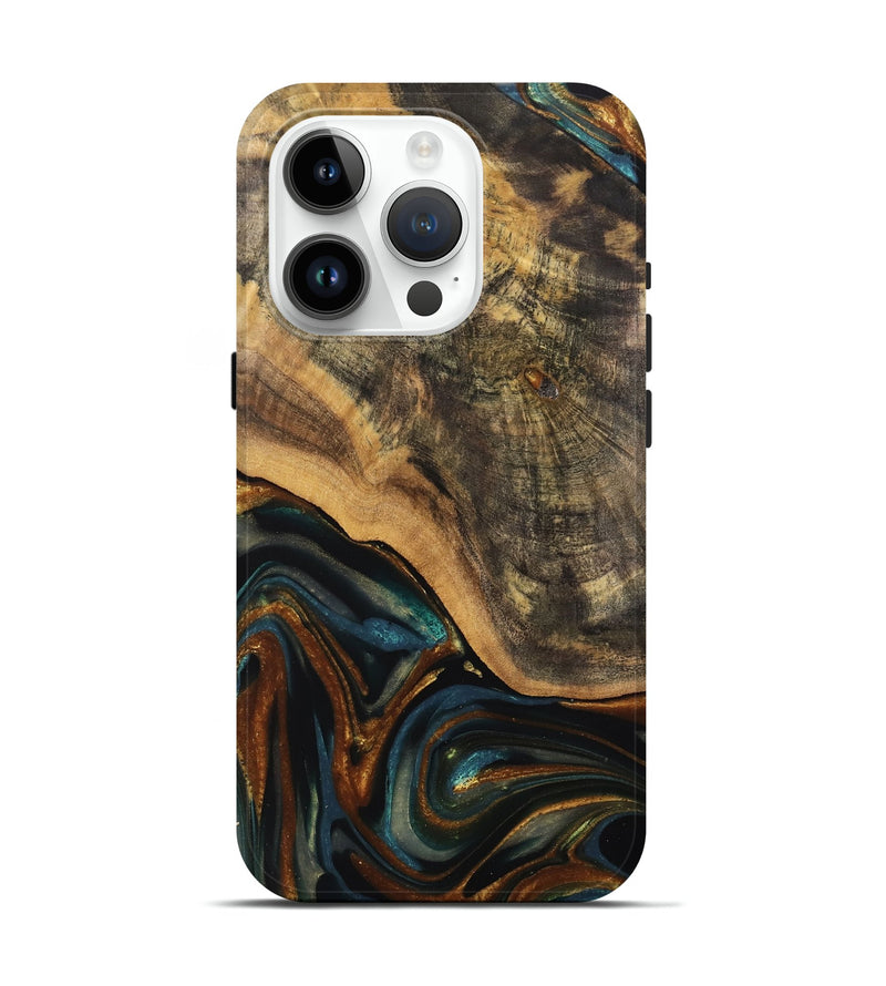 iPhone 15 Pro Wood Live Edge Phone Case - Greyson (Teal & Gold, 740100)