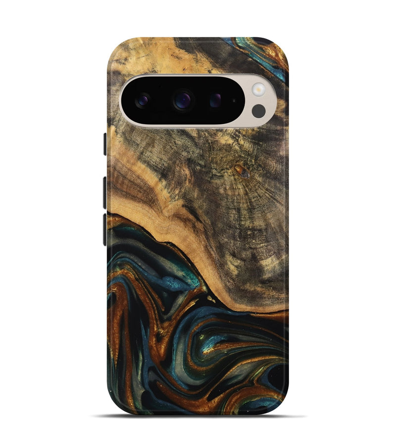 Pixel 9 Pro Wood Live Edge Phone Case - Greyson (Teal & Gold, 740100)