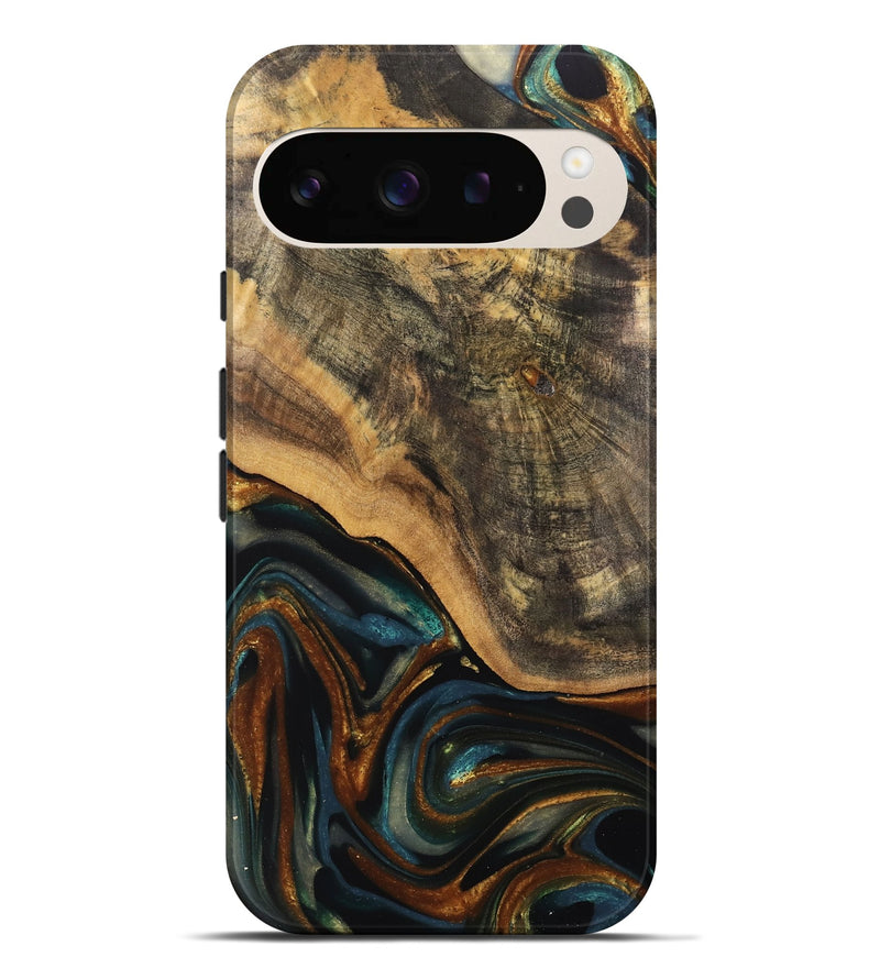 Pixel 9 Pro XL Wood Live Edge Phone Case - Greyson (Teal & Gold, 740100)