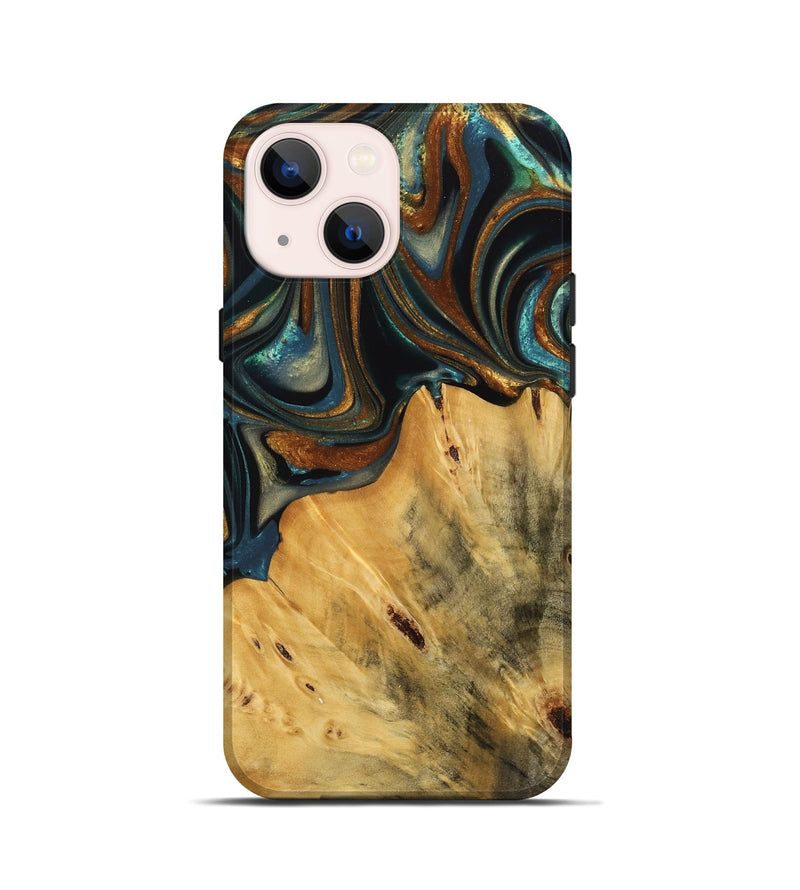 iPhone 13 mini Wood Live Edge Phone Case - Gabriel (Teal & Gold, 740103)