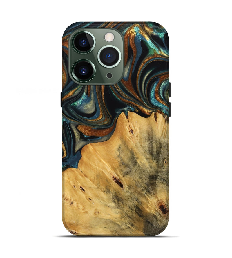 iPhone 13 Pro Wood Live Edge Phone Case - Gabriel (Teal & Gold, 740103)