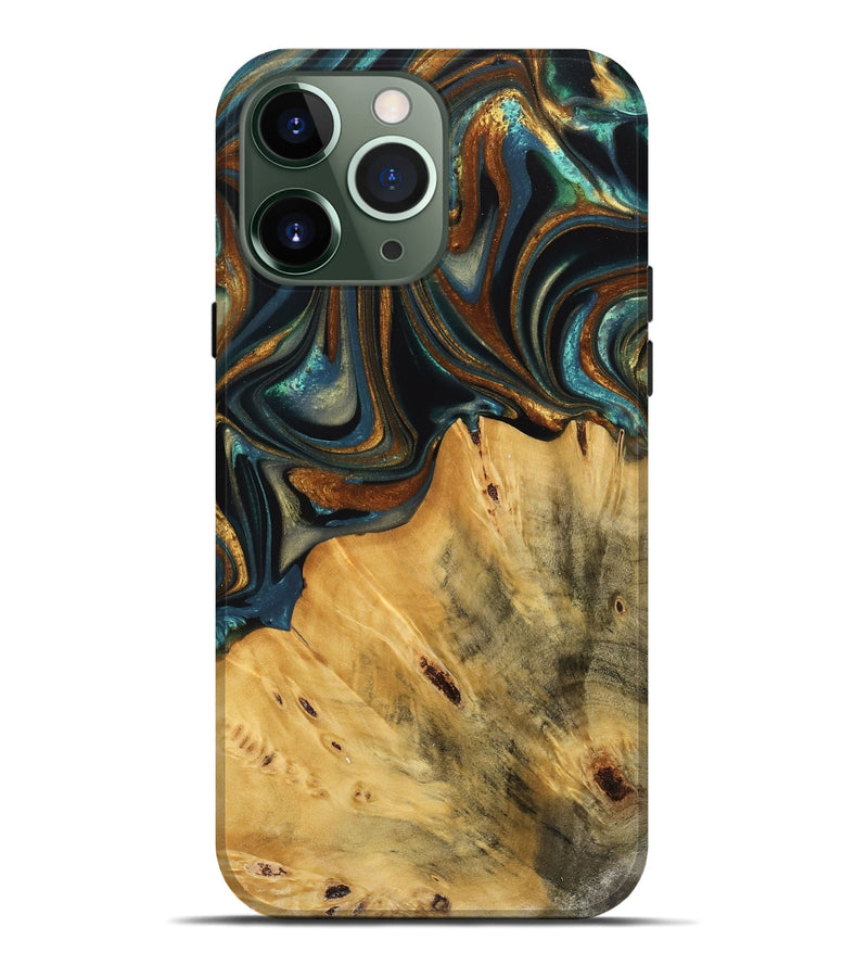 iPhone 13 Pro Max Wood Live Edge Phone Case - Gabriel (Teal & Gold, 740103)