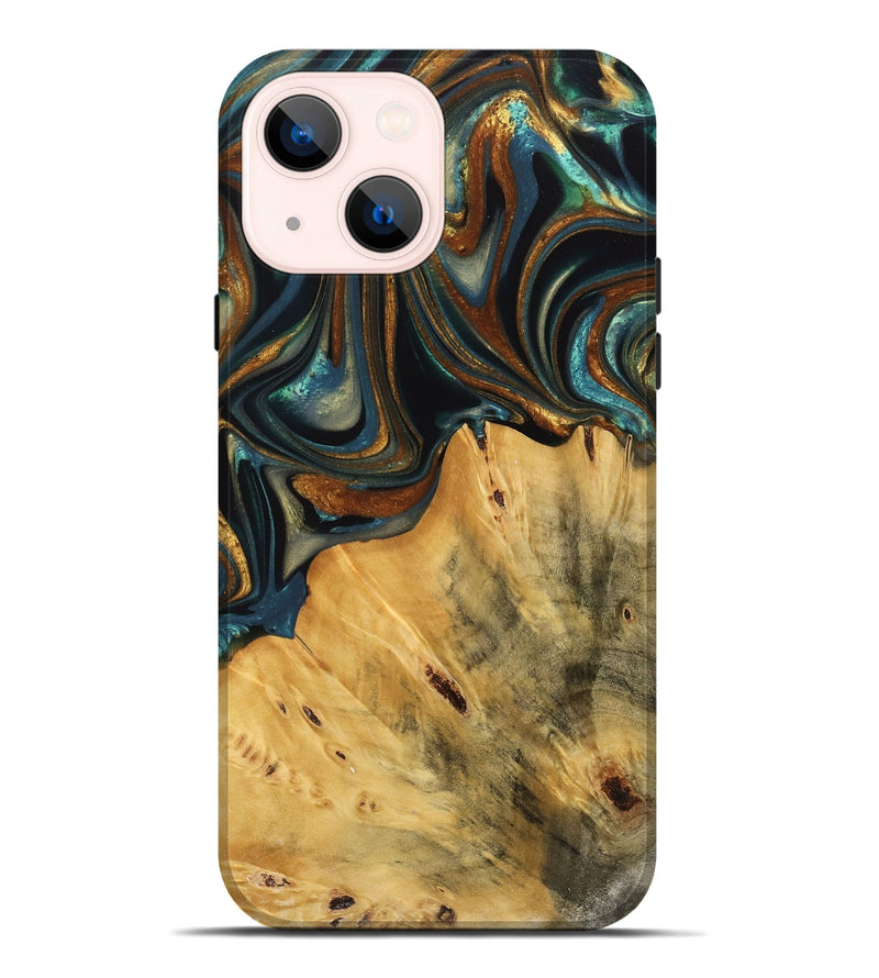 iPhone 14 Plus Wood Live Edge Phone Case - Gabriel (Teal & Gold, 740103)