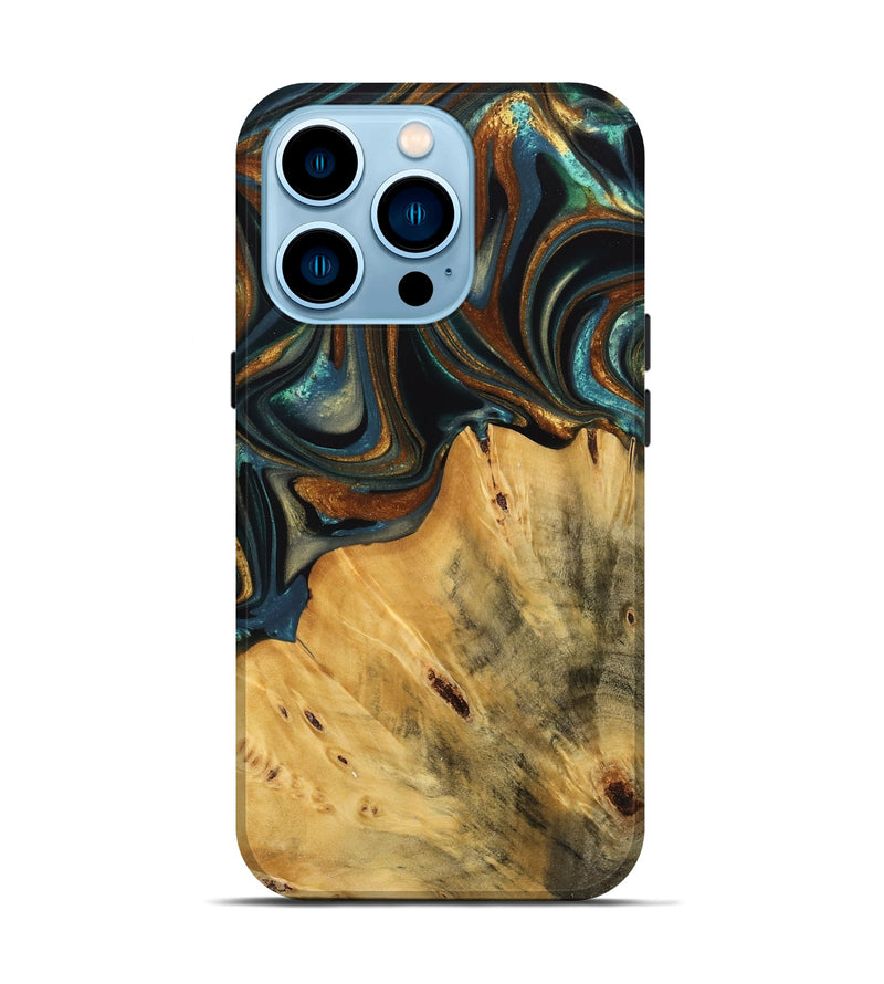 iPhone 14 Pro Wood Live Edge Phone Case - Gabriel (Teal & Gold, 740103)