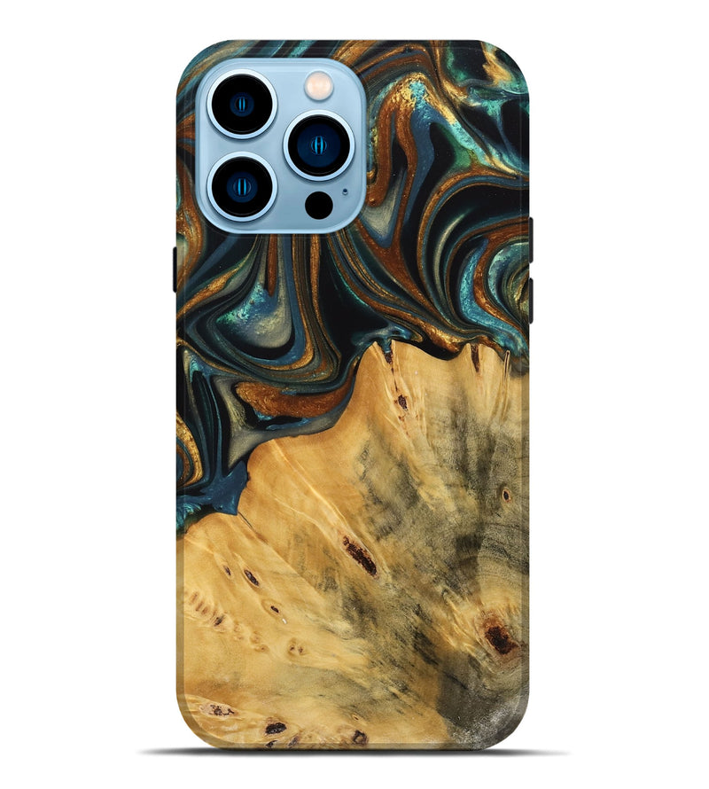 iPhone 14 Pro Max Wood Live Edge Phone Case - Gabriel (Teal & Gold, 740103)