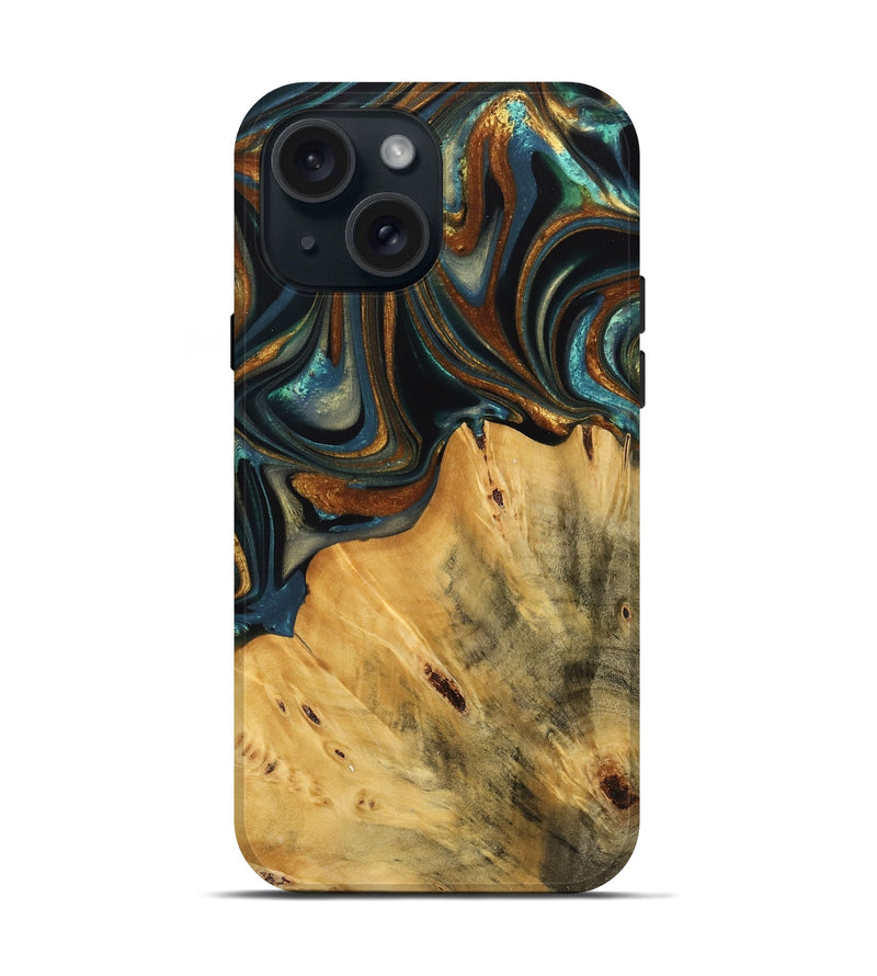 iPhone 15 Wood Live Edge Phone Case - Gabriel (Teal & Gold, 740103)