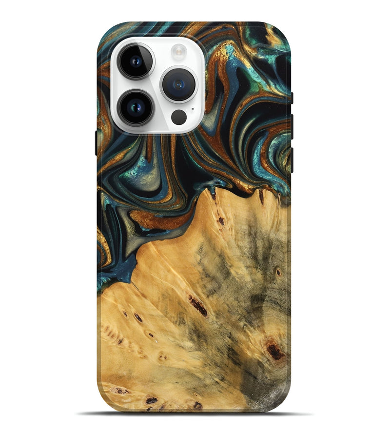 iPhone 15 Pro Max Wood Live Edge Phone Case - Gabriel (Teal & Gold, 740103)