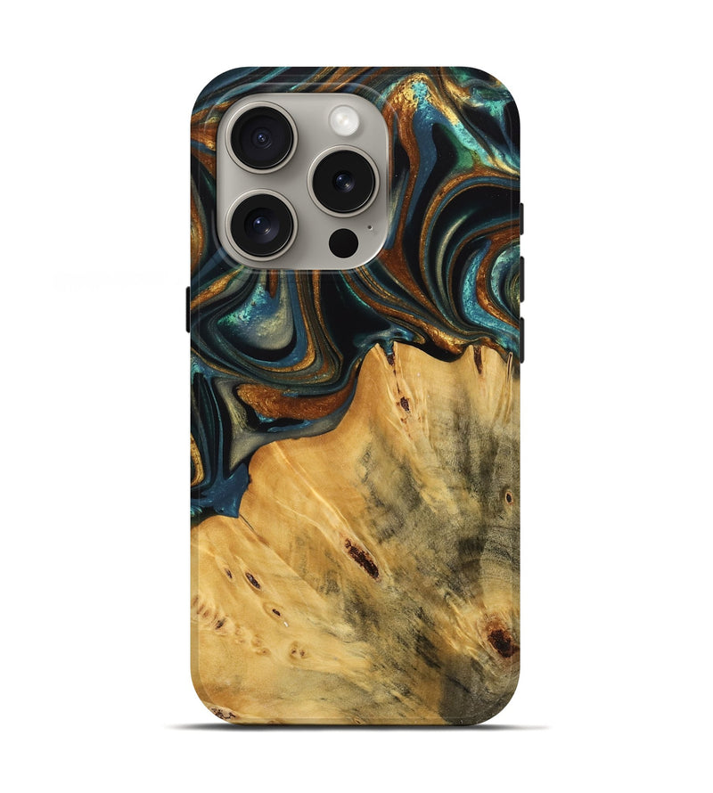 iPhone 16 Pro Wood Live Edge Phone Case - Gabriel (Teal & Gold, 740103)