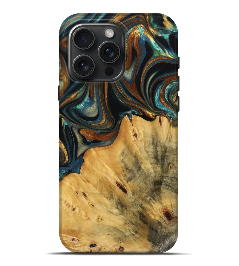 iPhone 16 Pro Max Wood Live Edge Phone Case - Gabriel (Teal & Gold, 740103)