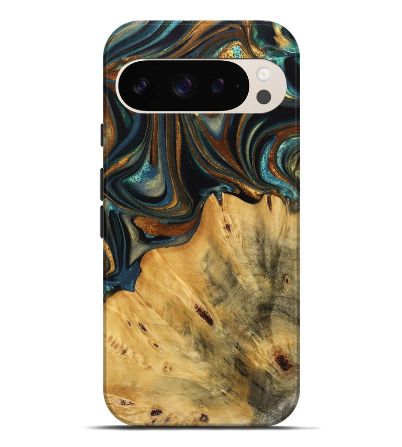 Pixel 9 Pro XL Wood Live Edge Phone Case - Gabriel (Teal & Gold, 740103)