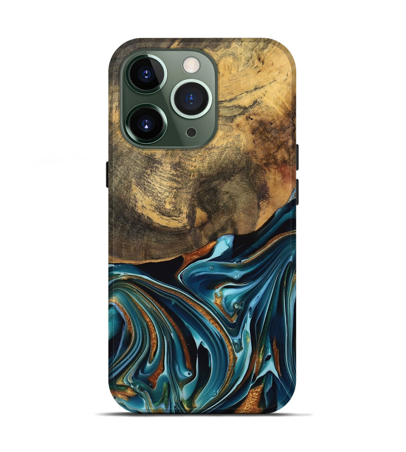 iPhone 13 Pro Wood Live Edge Phone Case - Garett (Teal & Gold, 740105)