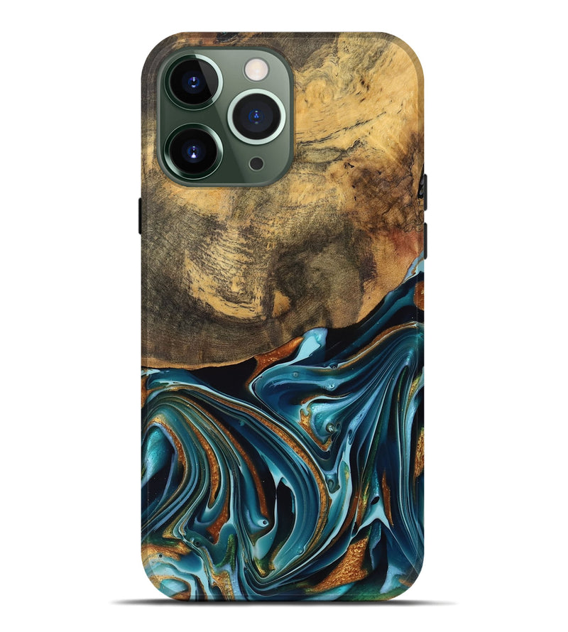 iPhone 13 Pro Max Wood Live Edge Phone Case - Garett (Teal & Gold, 740105)