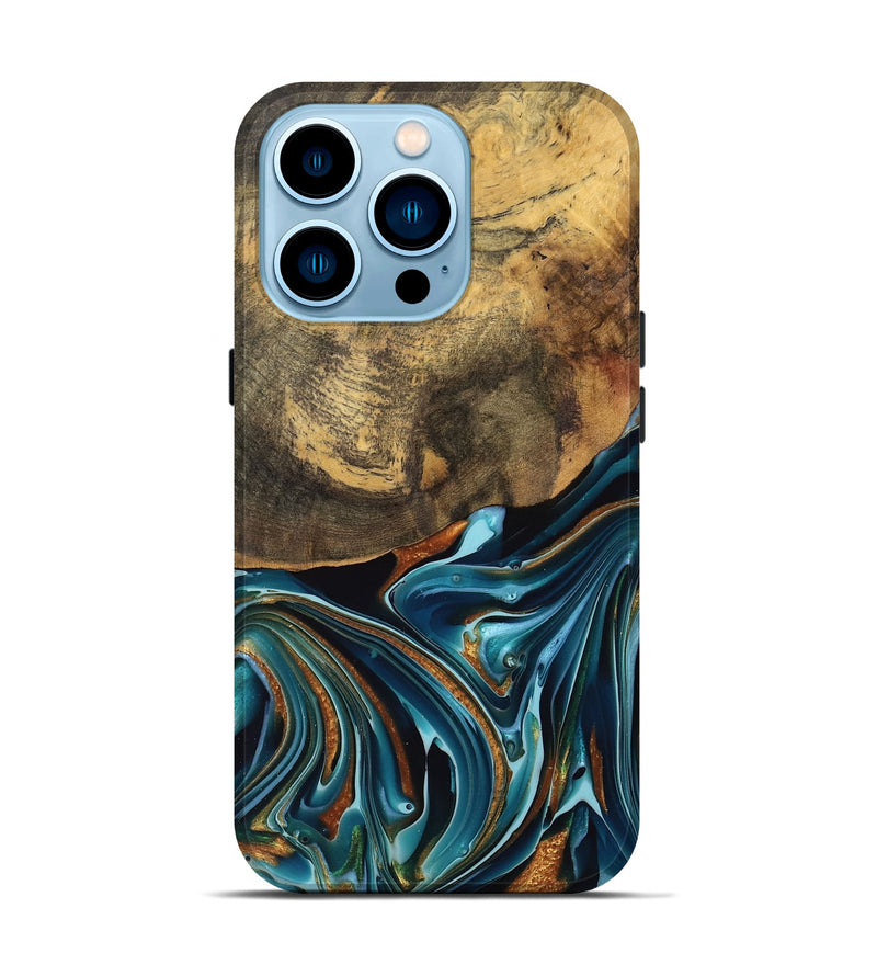 iPhone 14 Pro Wood Live Edge Phone Case - Garett (Teal & Gold, 740105)