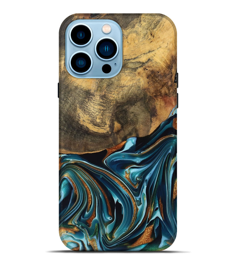 iPhone 14 Pro Max Wood Live Edge Phone Case - Garett (Teal & Gold, 740105)