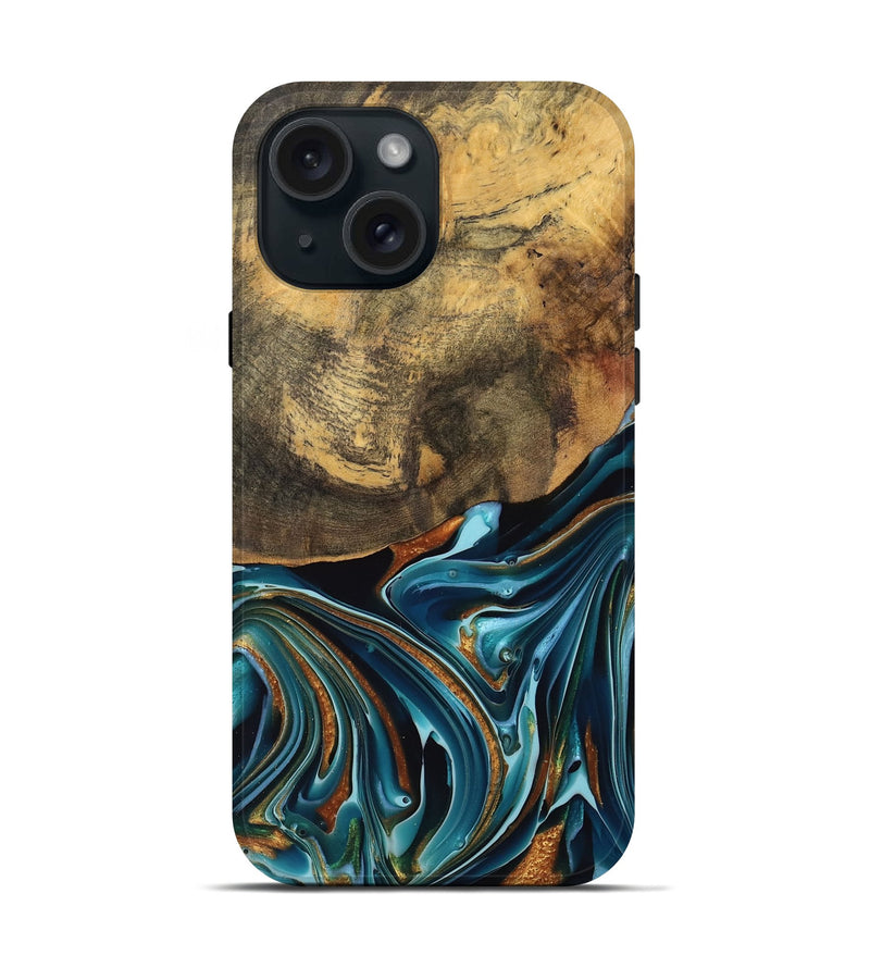 iPhone 15 Wood Live Edge Phone Case - Garett (Teal & Gold, 740105)