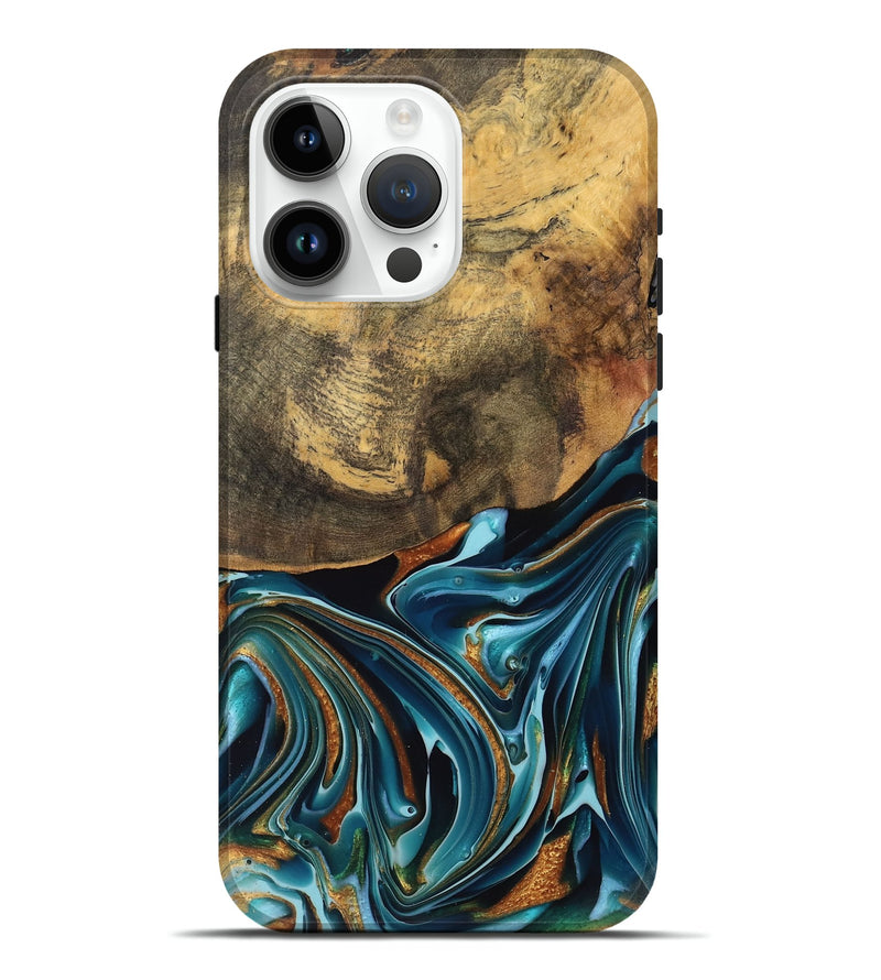 iPhone 15 Pro Max Wood Live Edge Phone Case - Garett (Teal & Gold, 740105)