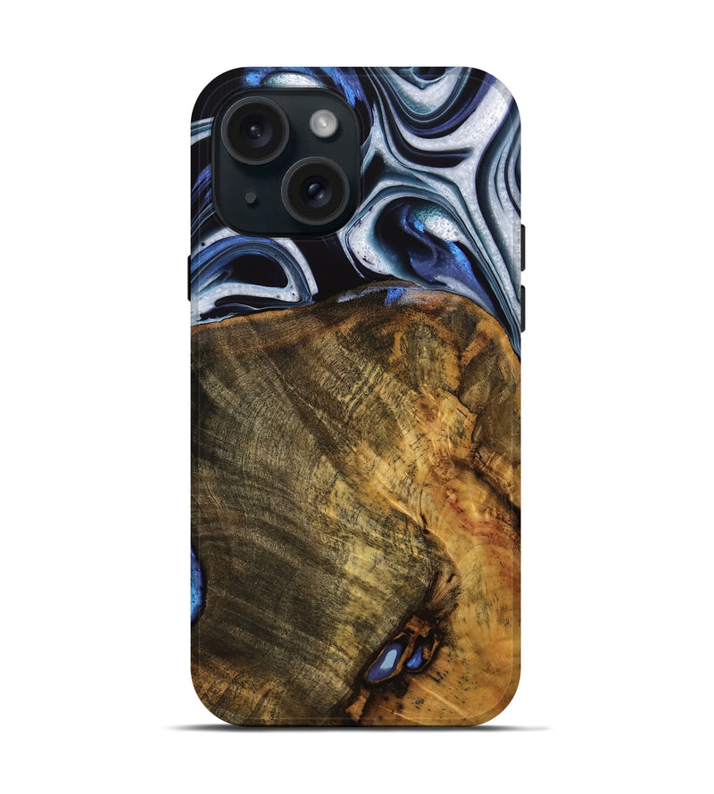 iPhone 15 Wood Live Edge Phone Case - Ashli (Blue, 740118)