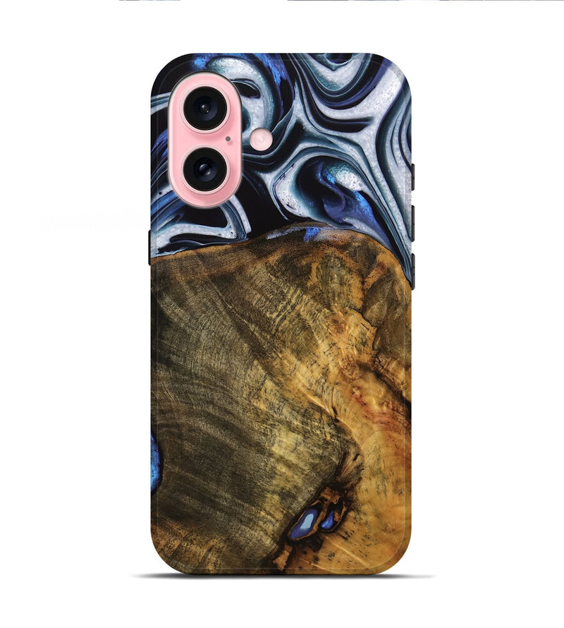 iPhone 16 Wood Live Edge Phone Case - Ashli (Blue, 740118)