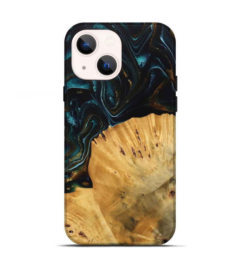 iPhone 13 Wood Live Edge Phone Case - Tiff (Teal & Gold, 740142)