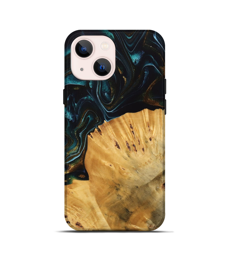 iPhone 13 mini Wood Live Edge Phone Case - Tiff (Teal & Gold, 740142)