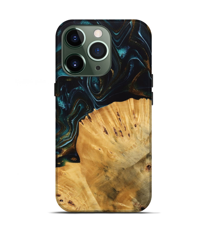 iPhone 13 Pro Wood Live Edge Phone Case - Tiff (Teal & Gold, 740142)