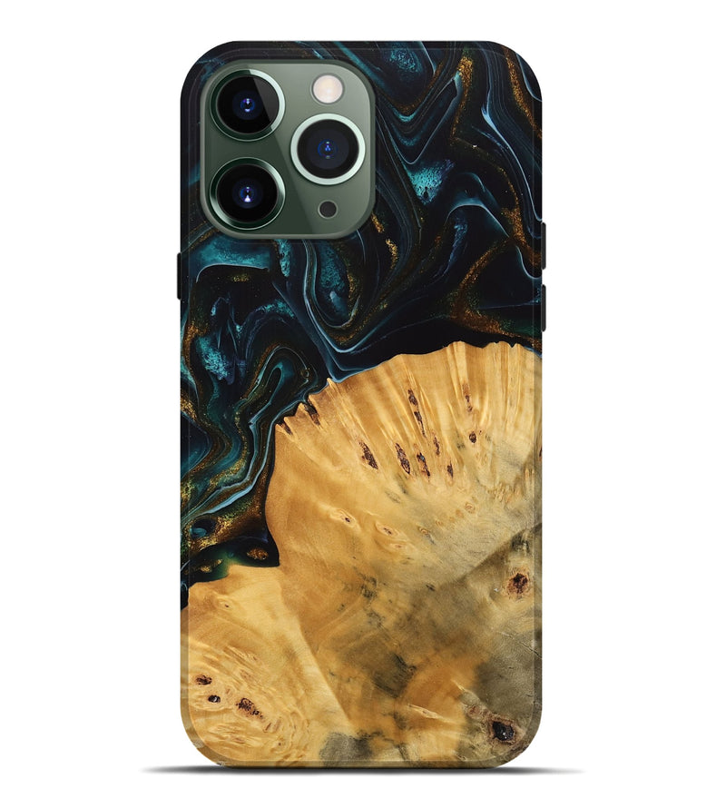 iPhone 13 Pro Max Wood Live Edge Phone Case - Tiff (Teal & Gold, 740142)