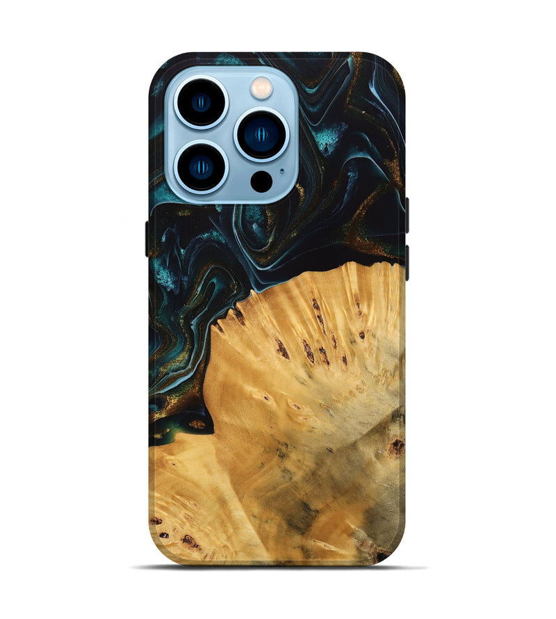 iPhone 14 Pro Wood Live Edge Phone Case - Tiff (Teal & Gold, 740142)