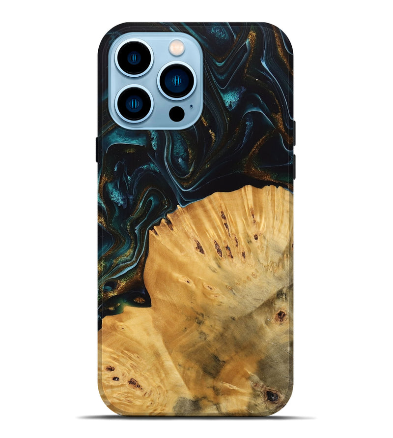 iPhone 14 Pro Max Wood Live Edge Phone Case - Tiff (Teal & Gold, 740142)