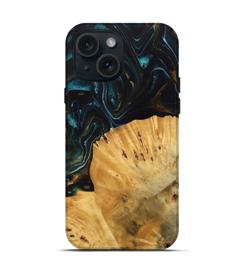 iPhone 15 Wood Live Edge Phone Case - Tiff (Teal & Gold, 740142)