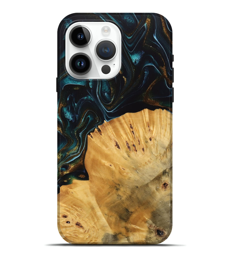 iPhone 15 Pro Max Wood Live Edge Phone Case - Tiff (Teal & Gold, 740142)