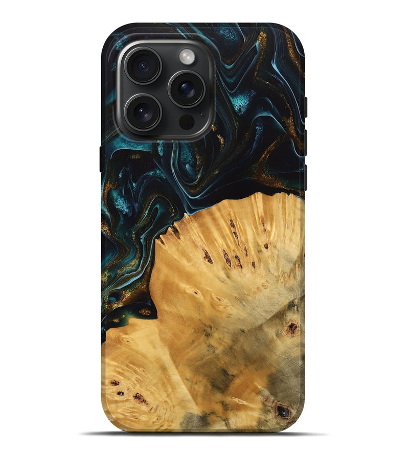 iPhone 16 Pro Max Wood Live Edge Phone Case - Tiff (Teal & Gold, 740142)