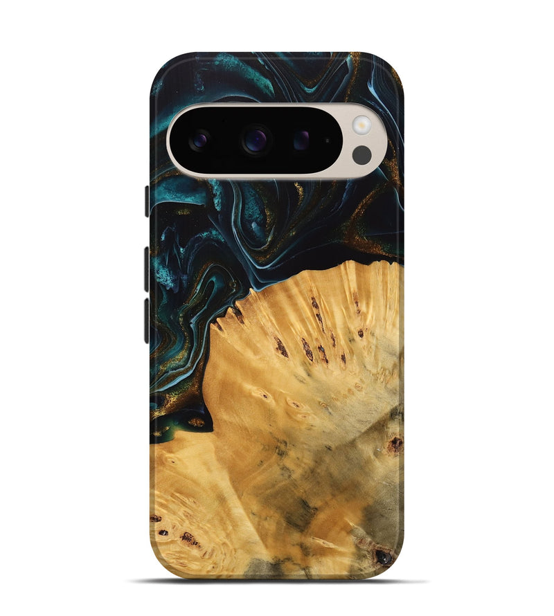 Pixel 9 Wood Live Edge Phone Case - Tiff (Teal & Gold, 740142)