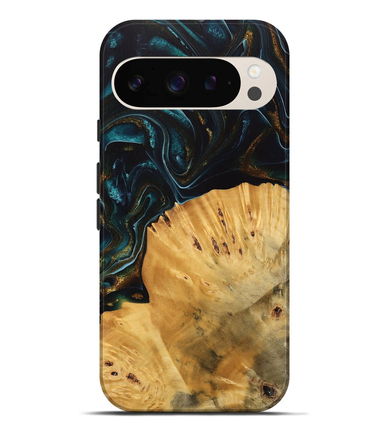 Pixel 9 Pro XL Wood Live Edge Phone Case - Tiff (Teal & Gold, 740142)