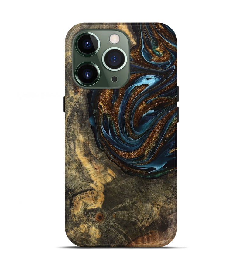 iPhone 13 Pro Wood Live Edge Phone Case - Cassie (Teal & Gold, 740143)