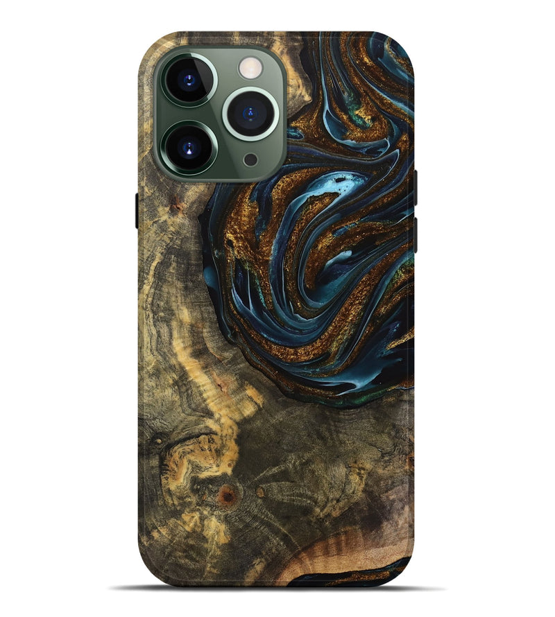 iPhone 13 Pro Max Wood Live Edge Phone Case - Cassie (Teal & Gold, 740143)