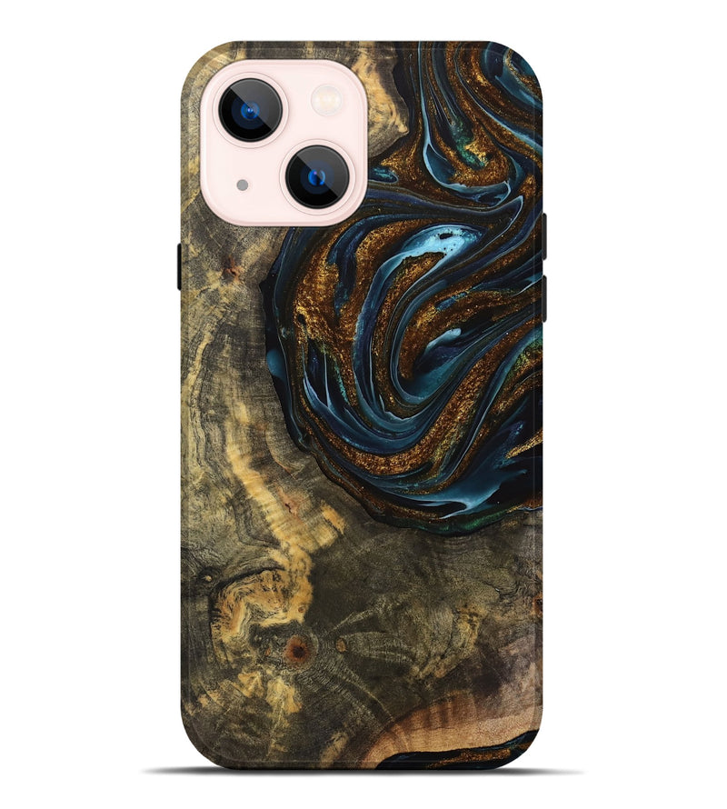 iPhone 14 Plus Wood Live Edge Phone Case - Cassie (Teal & Gold, 740143)