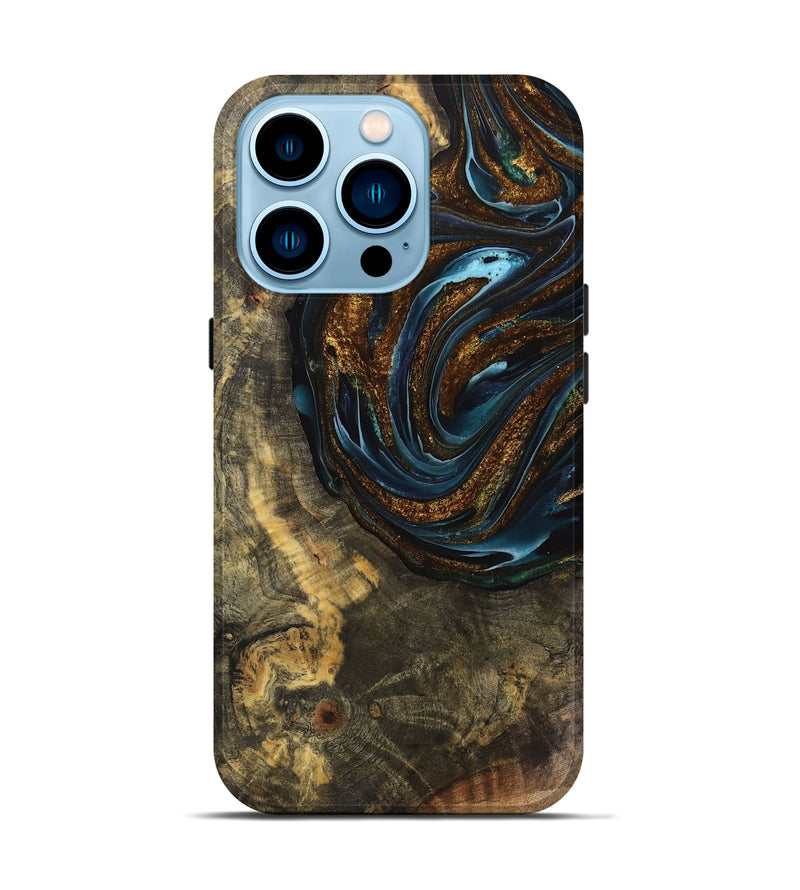 iPhone 14 Pro Wood Live Edge Phone Case - Cassie (Teal & Gold, 740143)