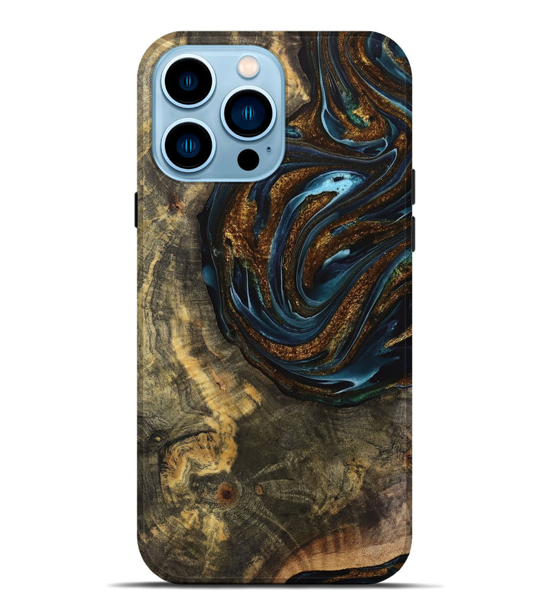 iPhone 14 Pro Max Wood Live Edge Phone Case - Cassie (Teal & Gold, 740143)