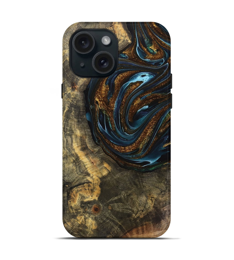 iPhone 15 Wood Live Edge Phone Case - Cassie (Teal & Gold, 740143)