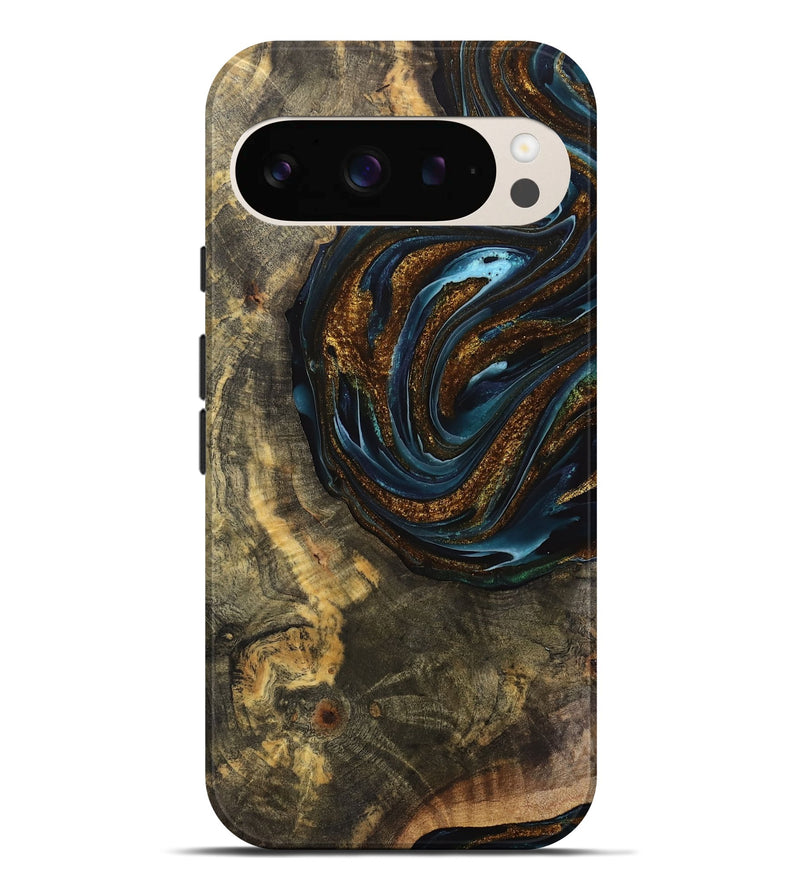 Pixel 9 Pro XL Wood Live Edge Phone Case - Cassie (Teal & Gold, 740143)