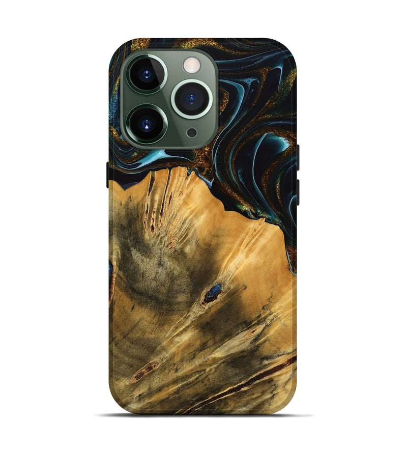 iPhone 13 Pro Wood Live Edge Phone Case - Helsa (Teal & Gold, 740146)