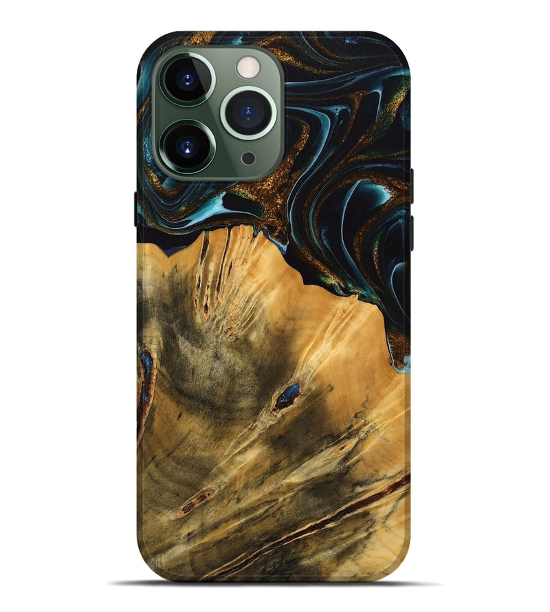 iPhone 13 Pro Max Wood Live Edge Phone Case - Helsa (Teal & Gold, 740146)