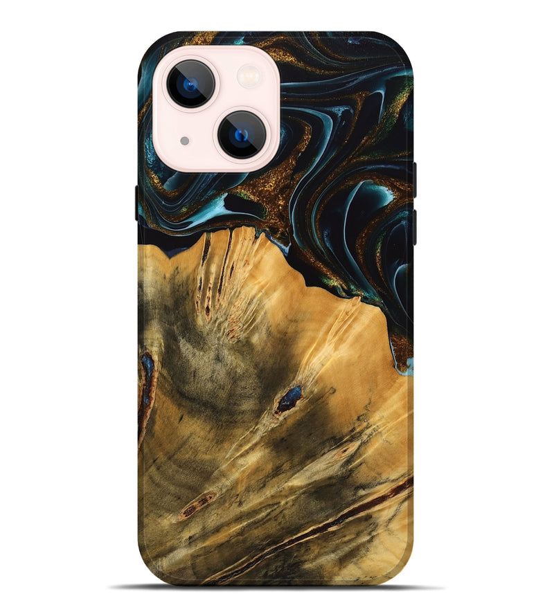 iPhone 14 Plus Wood Live Edge Phone Case - Helsa (Teal & Gold, 740146)