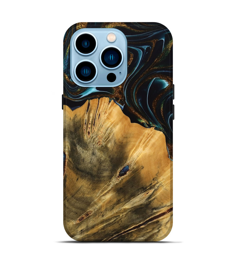 iPhone 14 Pro Wood Live Edge Phone Case - Helsa (Teal & Gold, 740146)